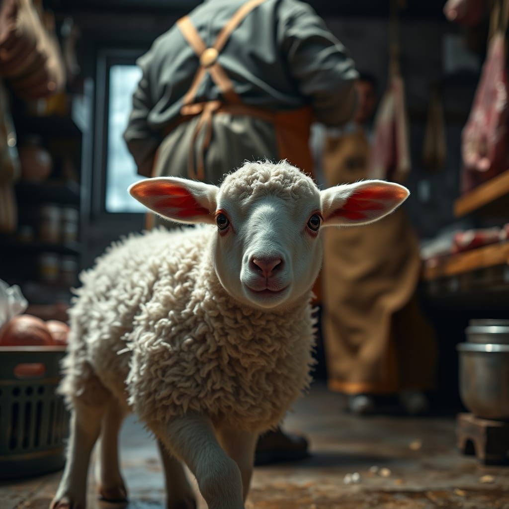 Frightened Lamb in Butcher Shop, Hyper-Realistic Style