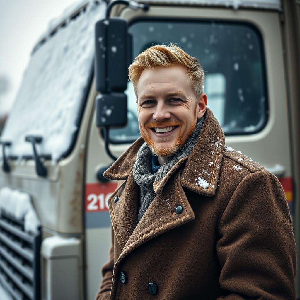 Man Leans Against Snowy Truck in Winter Wonderland Scene