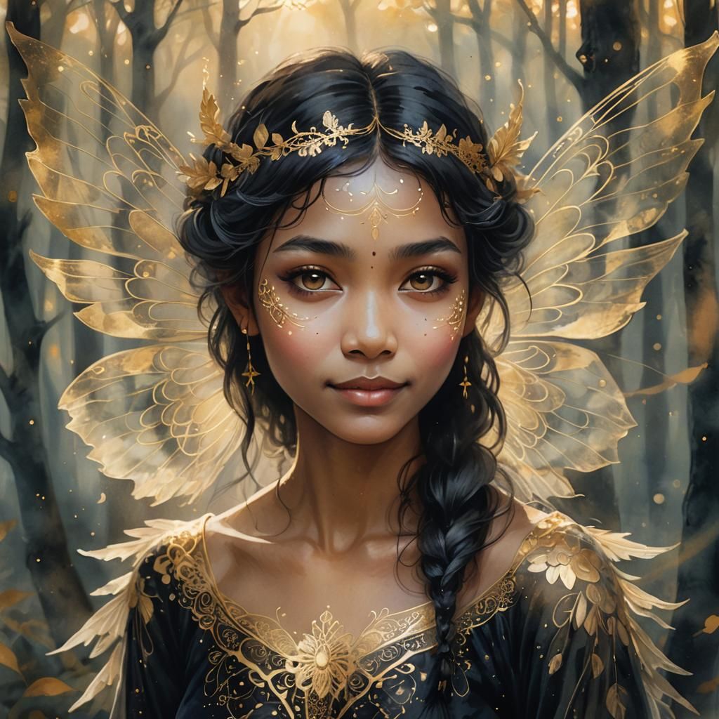 Ethereal Black Fairy Portrait with Gold Mandala Markings
