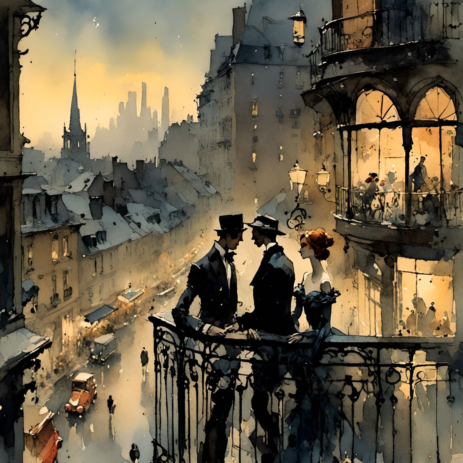 Watercolor - A pleasant evening in the city 1915
