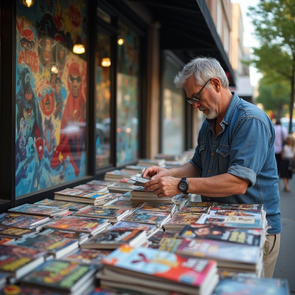 Comic Book Fan at a Sidewalk Sale