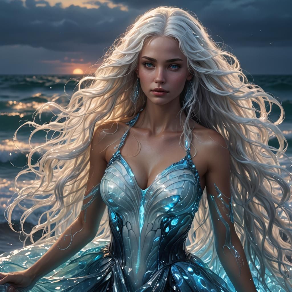 Bioluminescent Mermaid Emerges from Ocean, Hyperrealistic Ar...