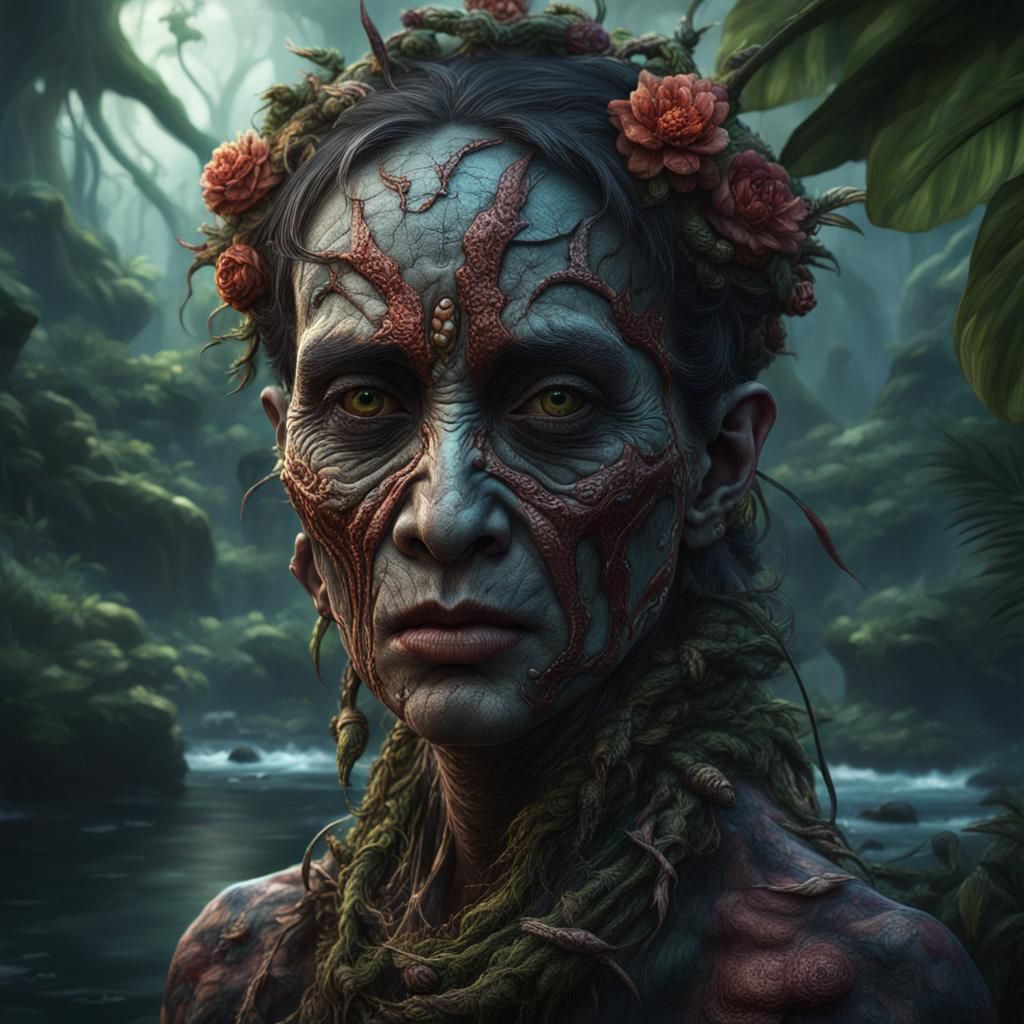 Macabre Woman with Lurid Skin in Jungle Riverside