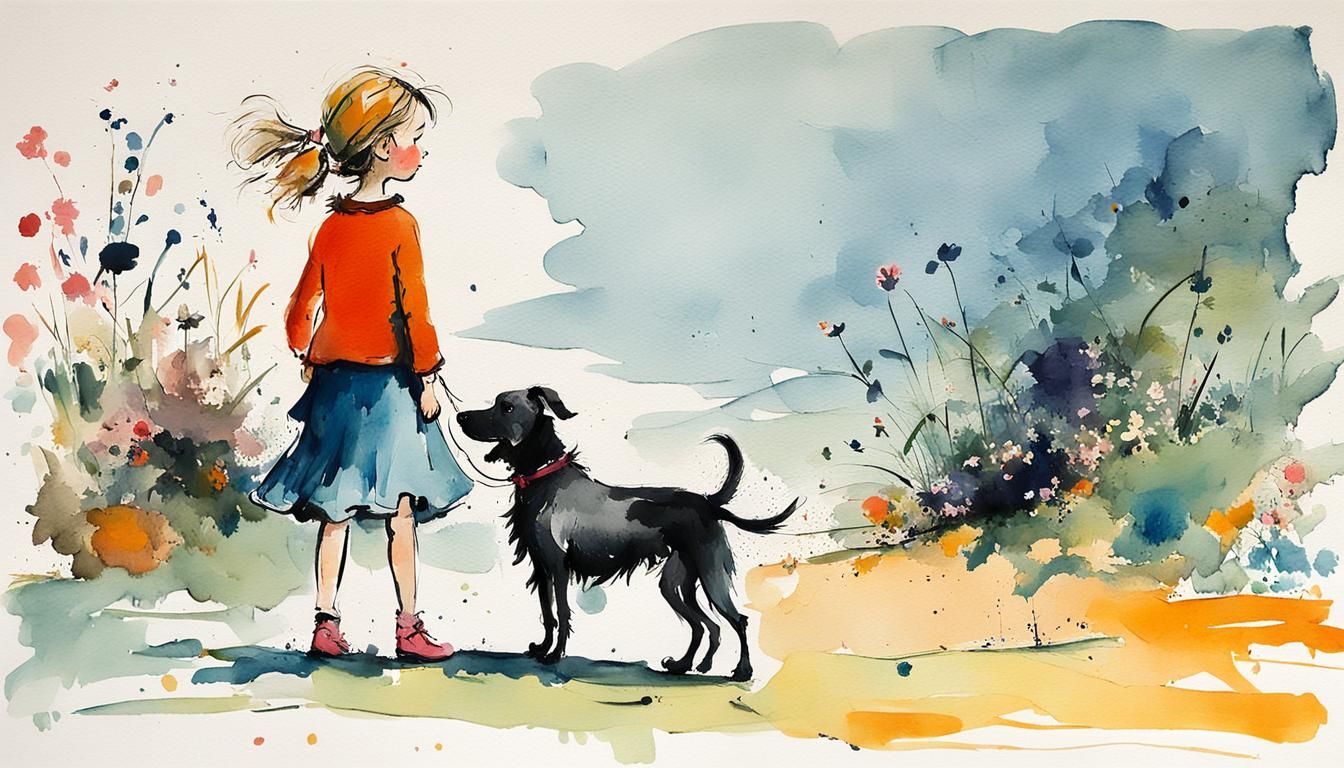 Girl with Dog in Gouache Impressionist Style