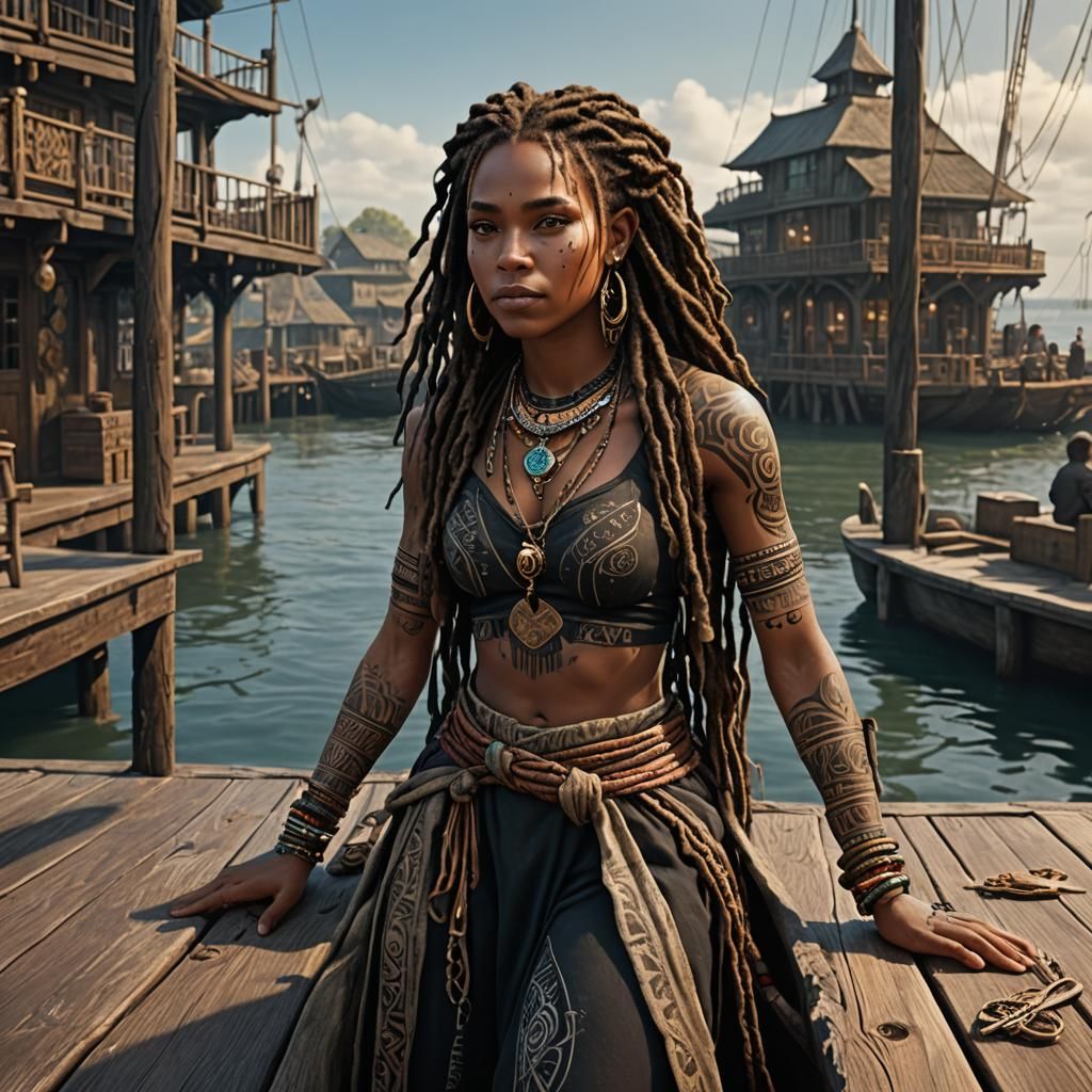 Black Woman with Locs on Pier, Fantasy Art