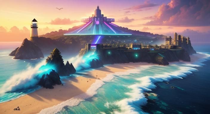 Futuristic Cyberpunk Fortress on Tropical Island