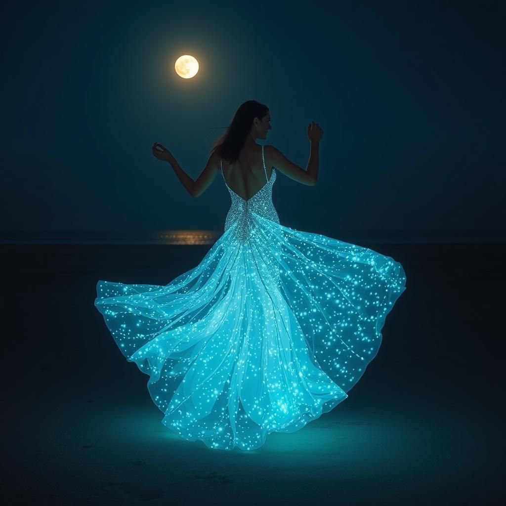 Bioluminescent Mermaid Wedding Dress on Beach at Night