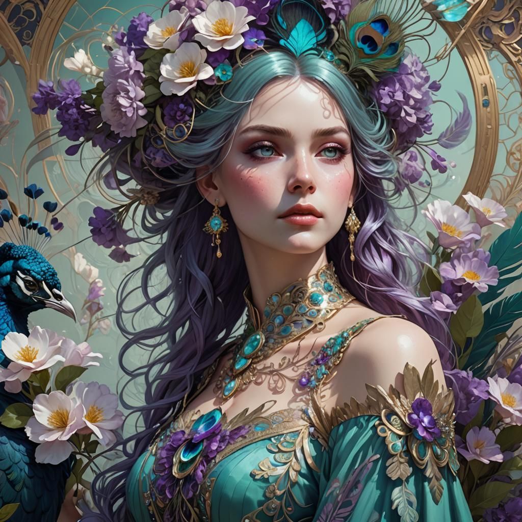 Woman with Peacock Plummage and Flowers, Detailed Portrait
