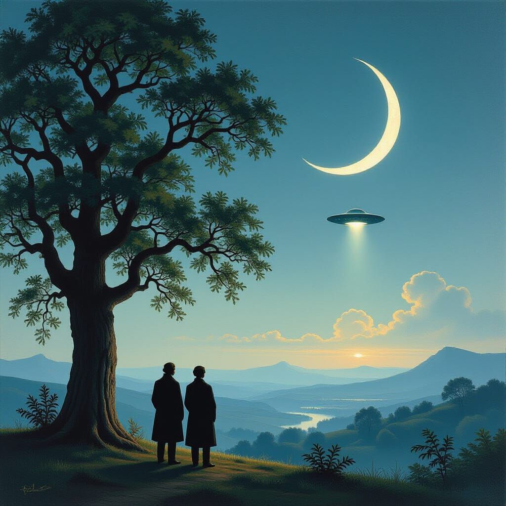 Two men contemplating the moon - and a UFO