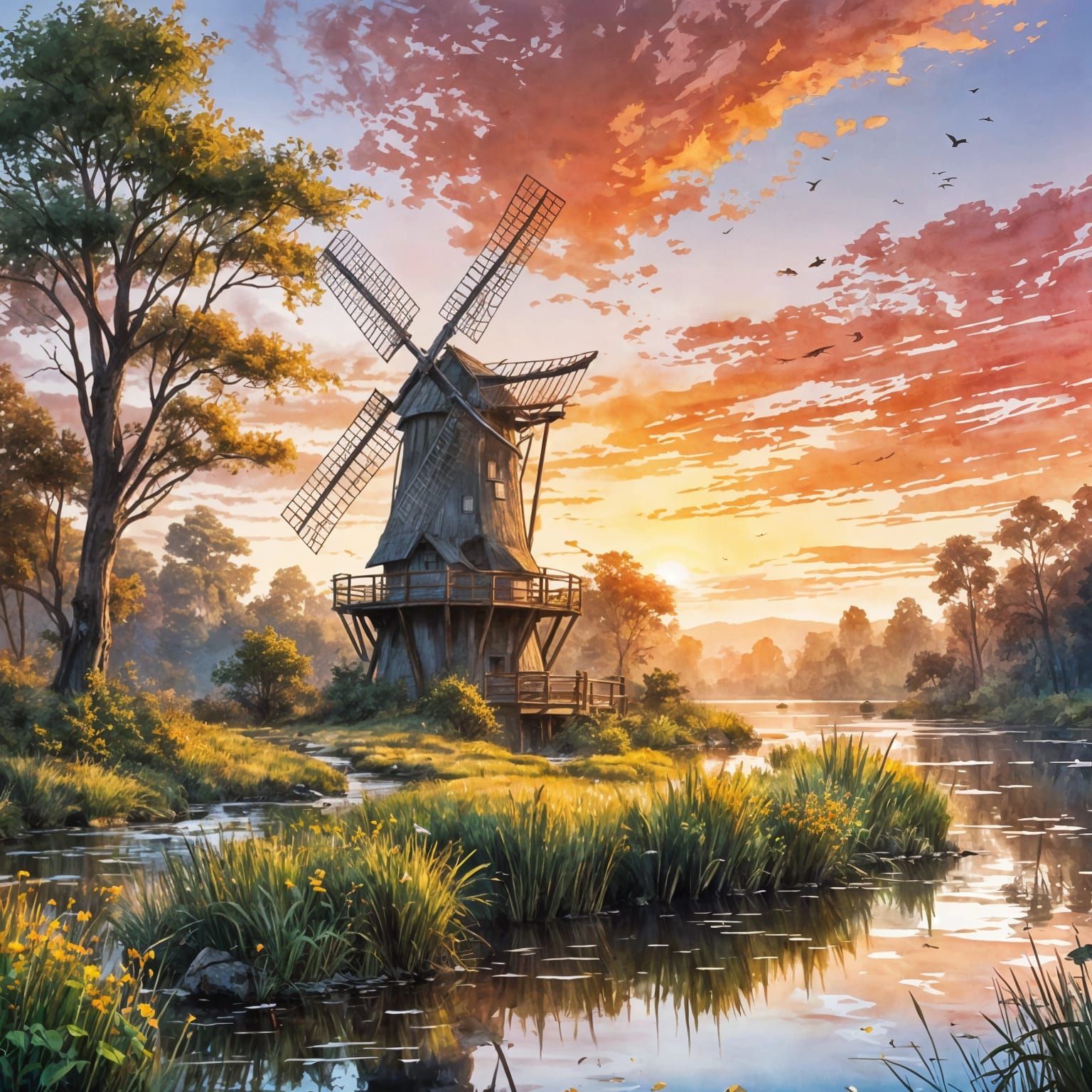 Countryside Windmill: Digital Watercolor Illustration