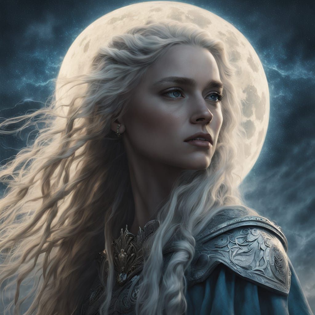 Ethereal Norse Moon Goddess in Stormy Night Sky