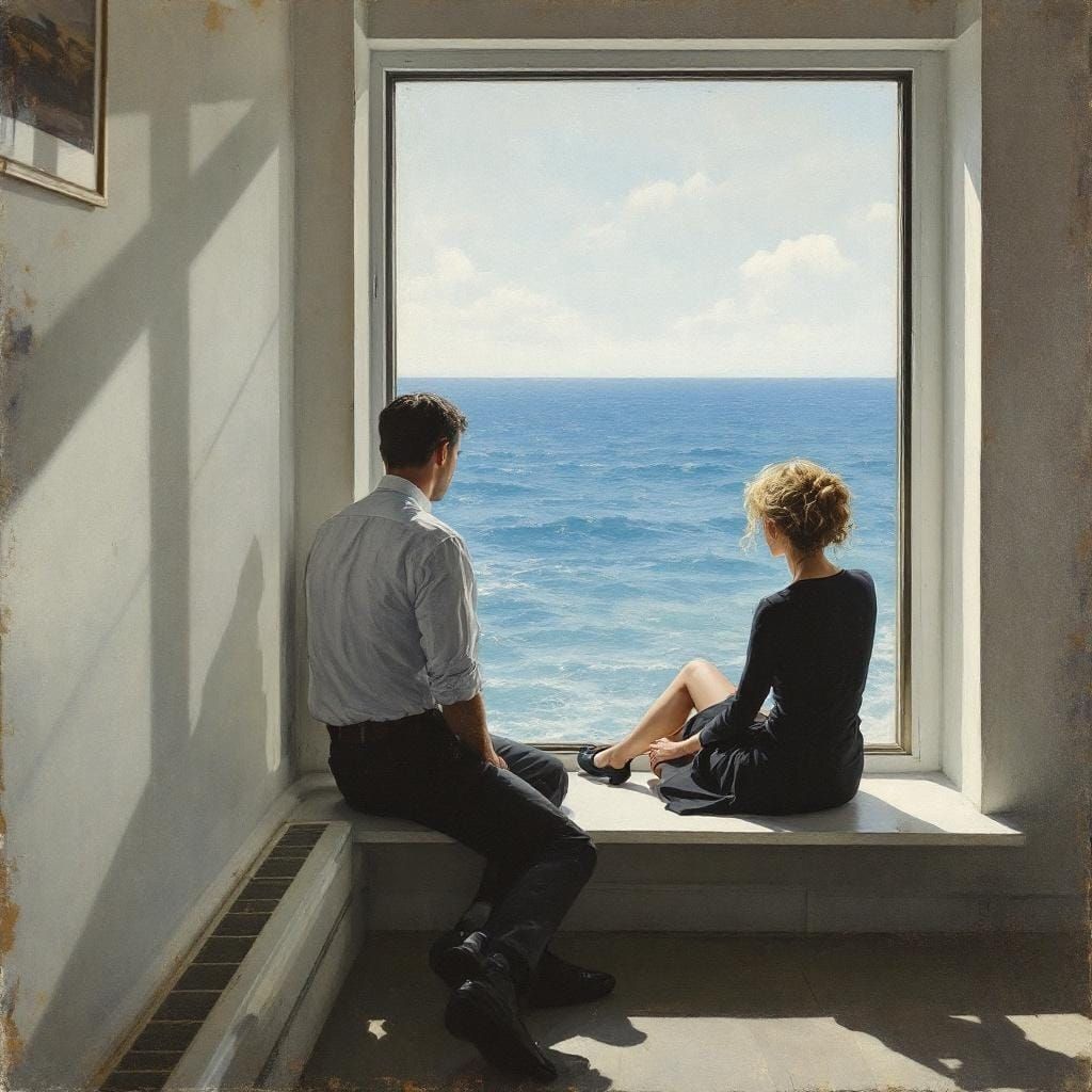 Contemplative Figures by the Sea in Hopper Style