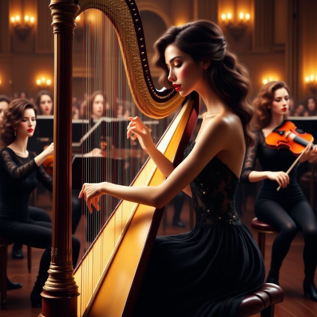 Elegant Harpist on a Grand Concert Hall Stage