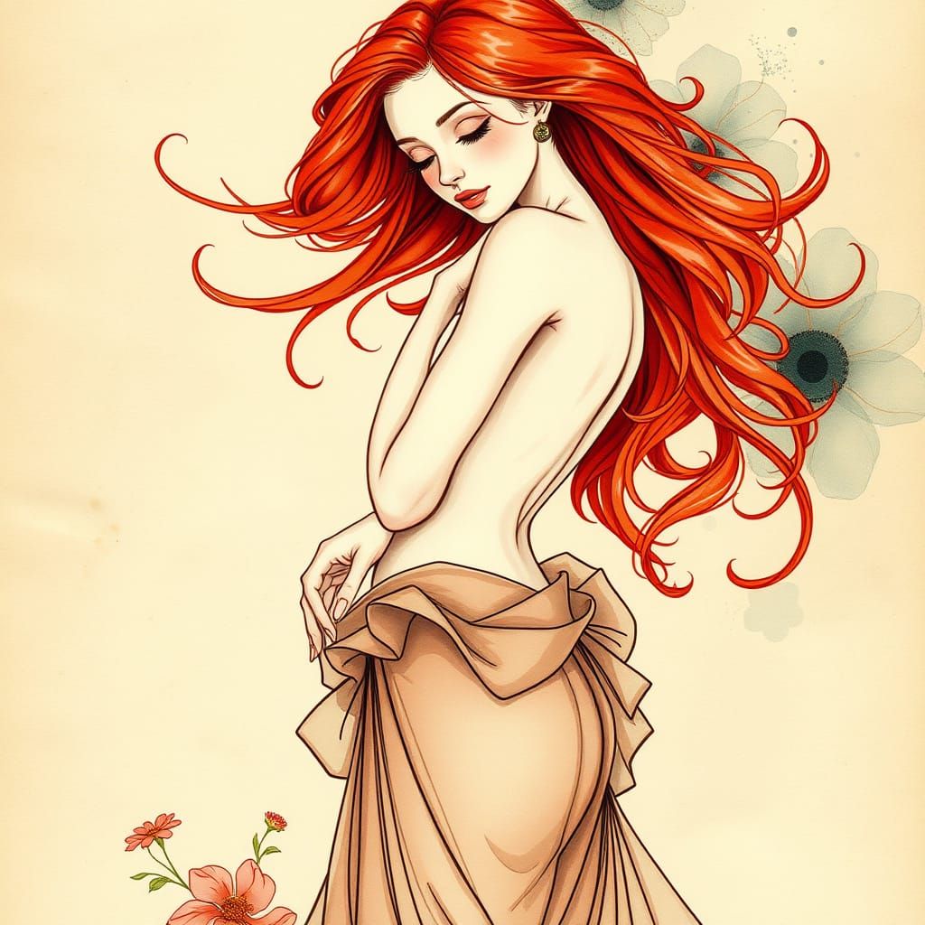 Art Nouveau Woman with Red Hair in Watercolor