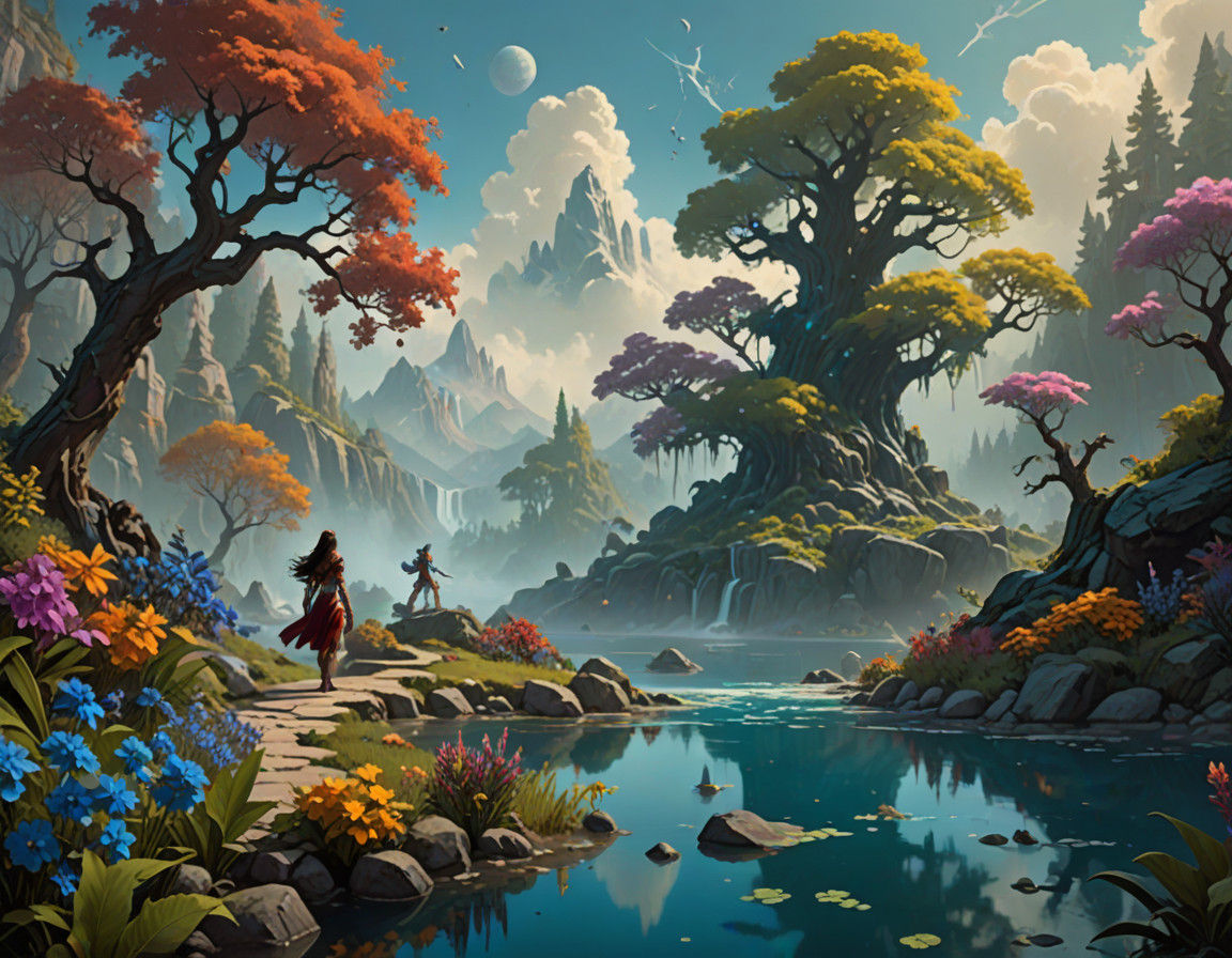 Ethereal Lake Goddess in Vibrant Tropical Paradise