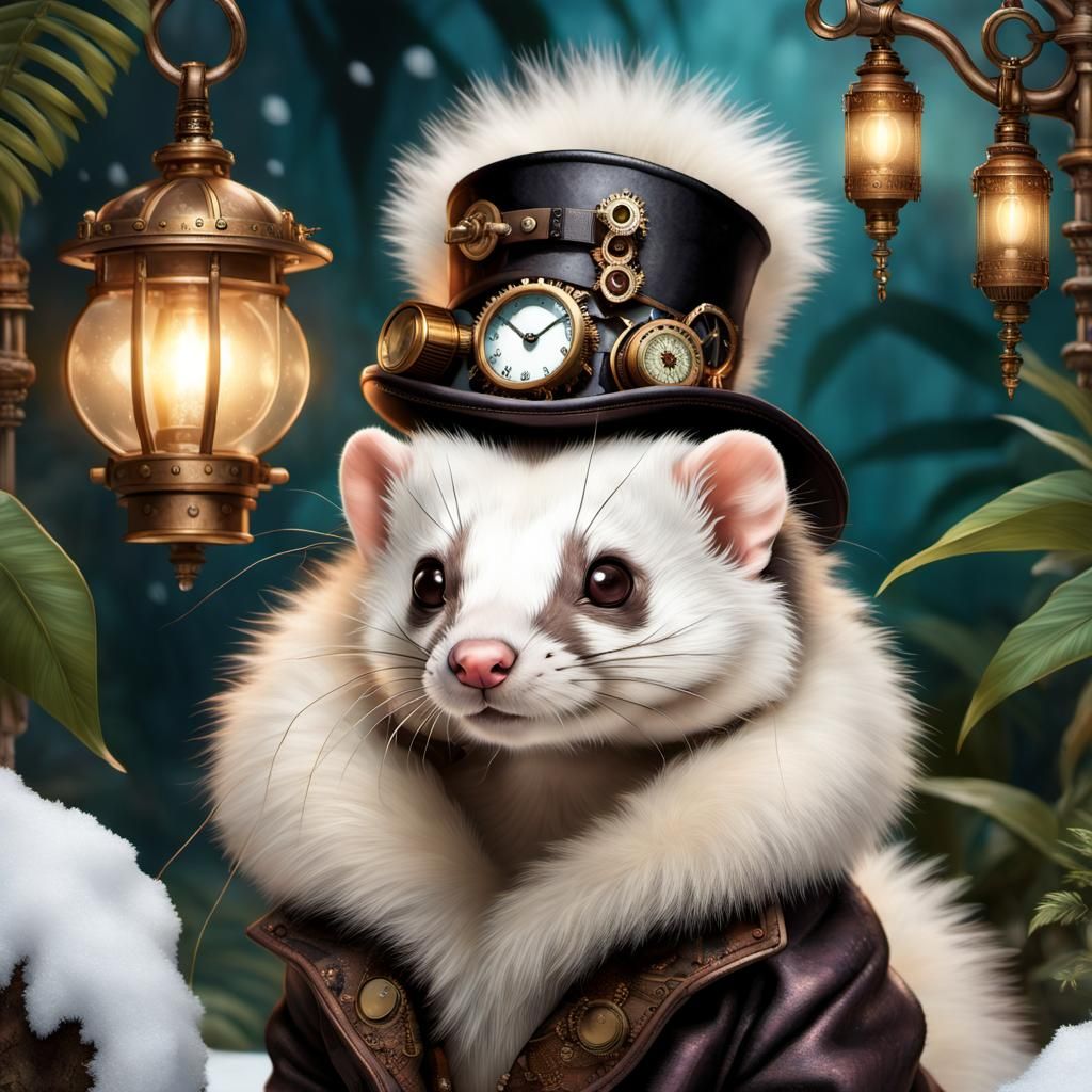 Steampunk Angora Ferret in Winter Garden