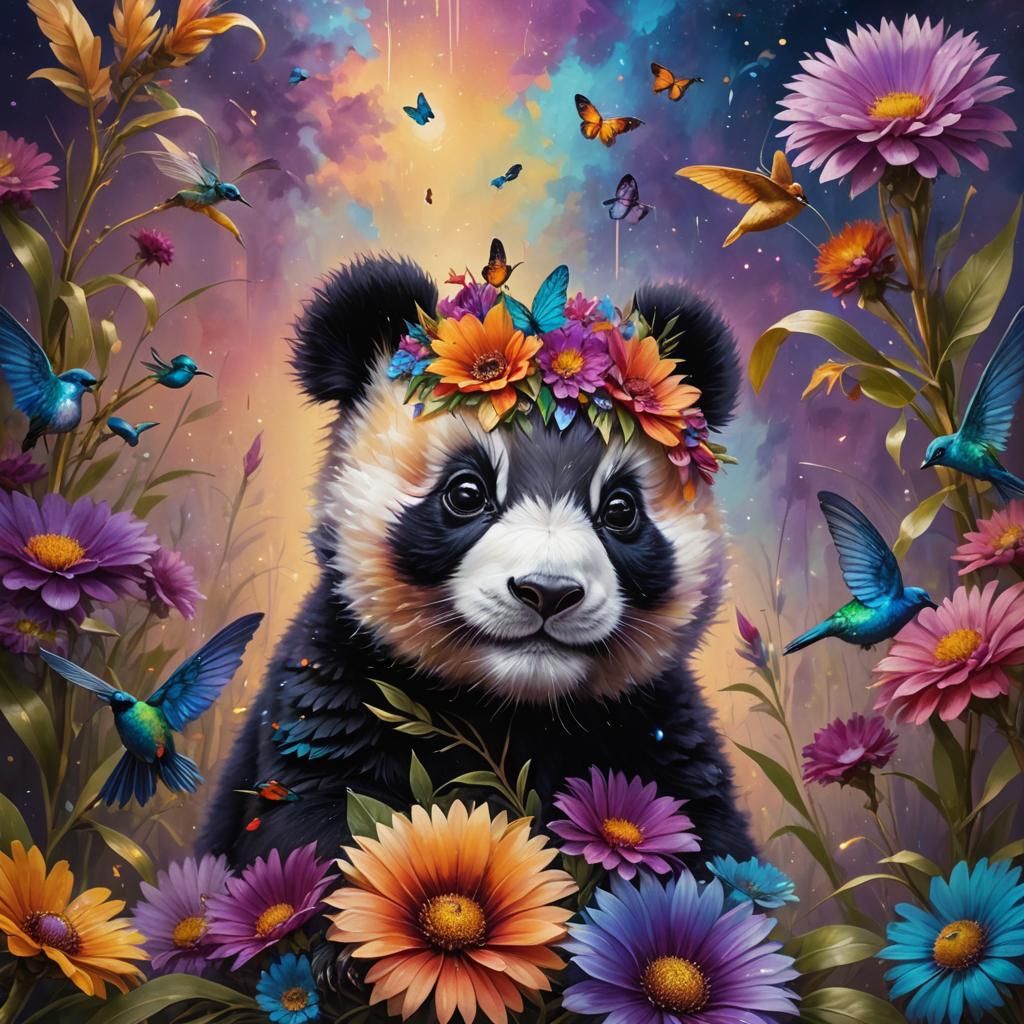 Panda-Hummingbird Hybrid Perched on Flower, Pixar Style
