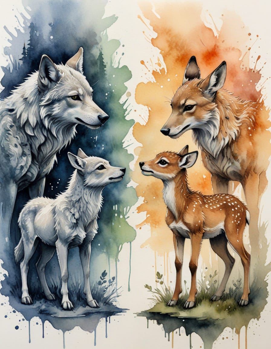 Dire Wolf & Fawn Friends in Sketchy Watercolor Art
