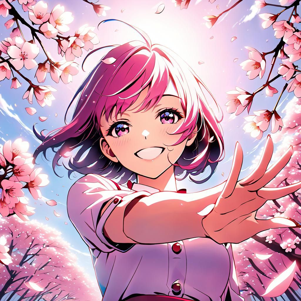 Happy Japanese Girl in Anime Style with Cherry Blossoms