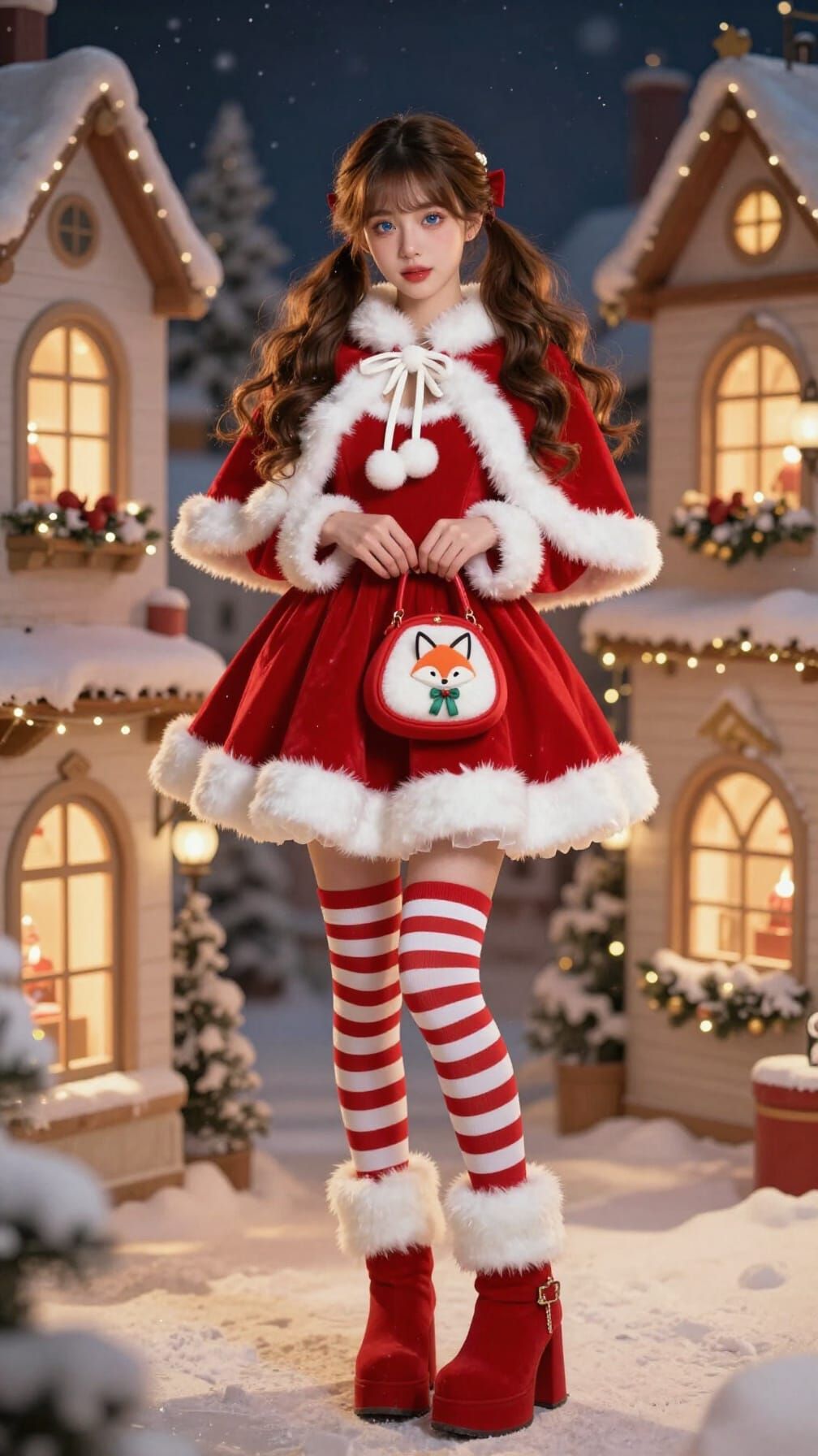 Fashion Sketch: Woman in Santa Dress in Christmas Village