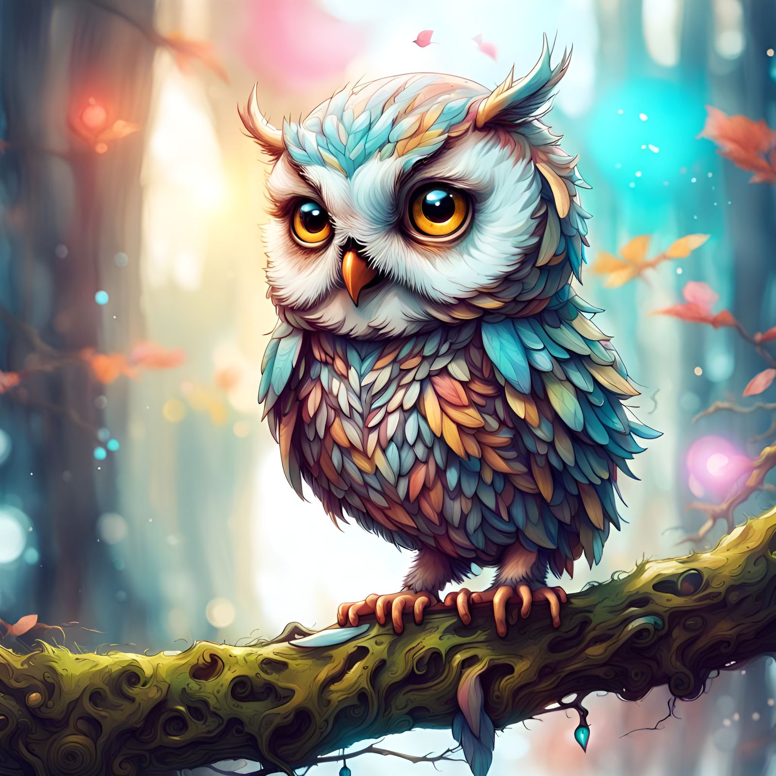 Adorable Chibi Owl on Branch: Digital Matte Painting