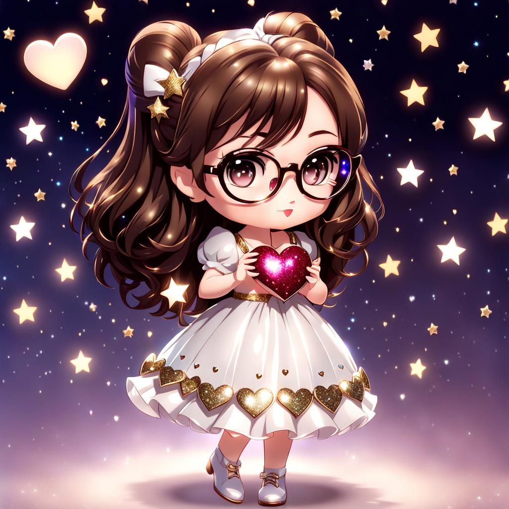 Chibi Girl Holding Heart Amidst Sparkly Stars