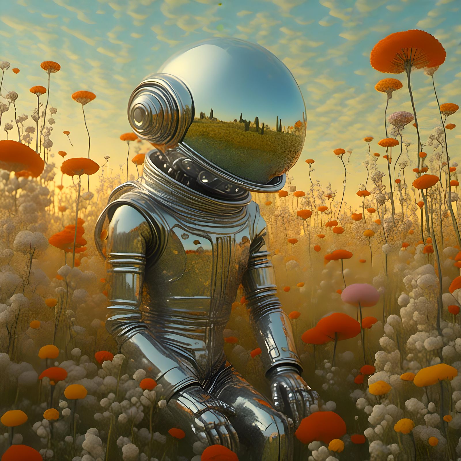 Astronaut and Spaceship in Klimt Style Sunset