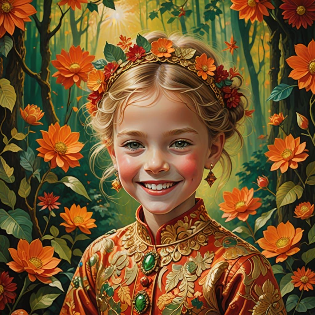 Smiling Child in Psychedelic Floral Background