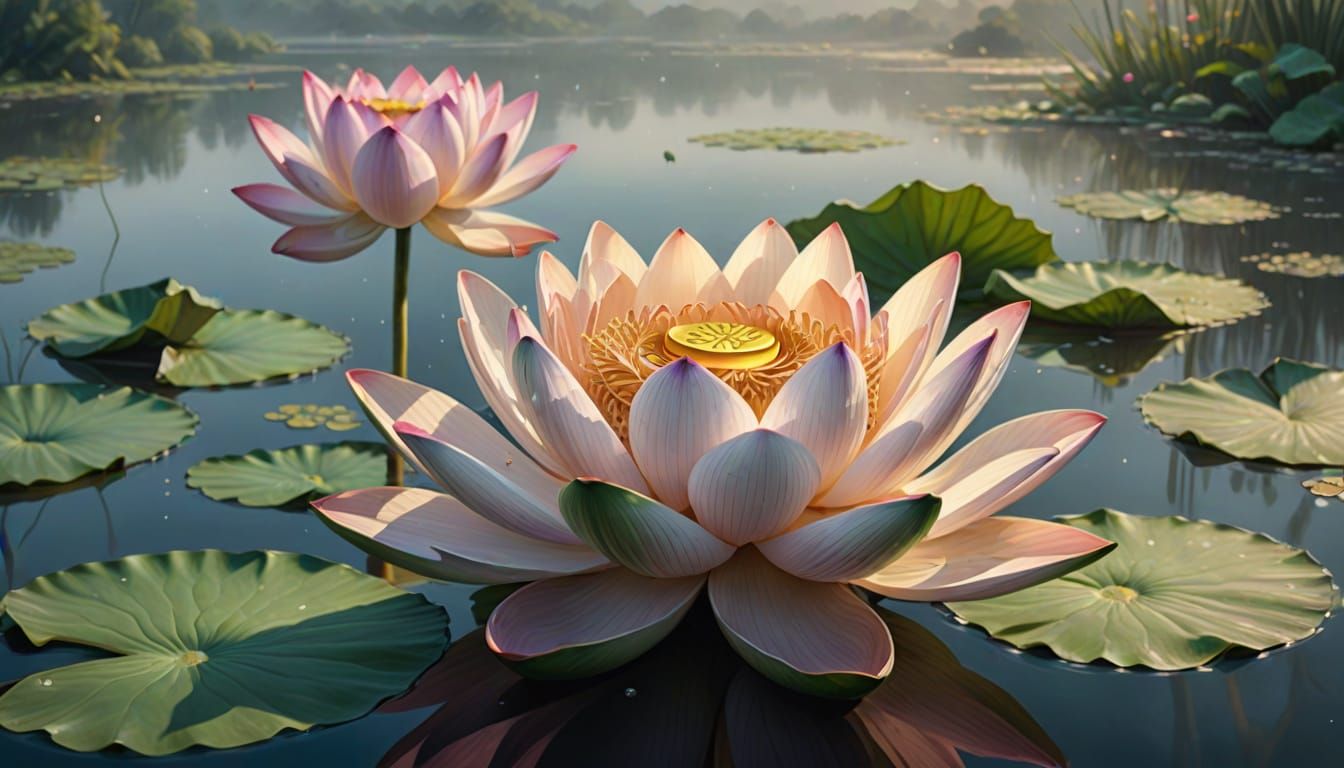 Lotus Flower Unfolds on Serene Pond in Morning Mist