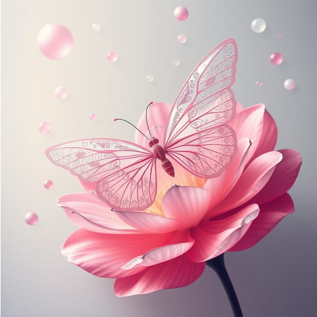 Crystal Butterfly Wings on Pink Flower, Surreal Art