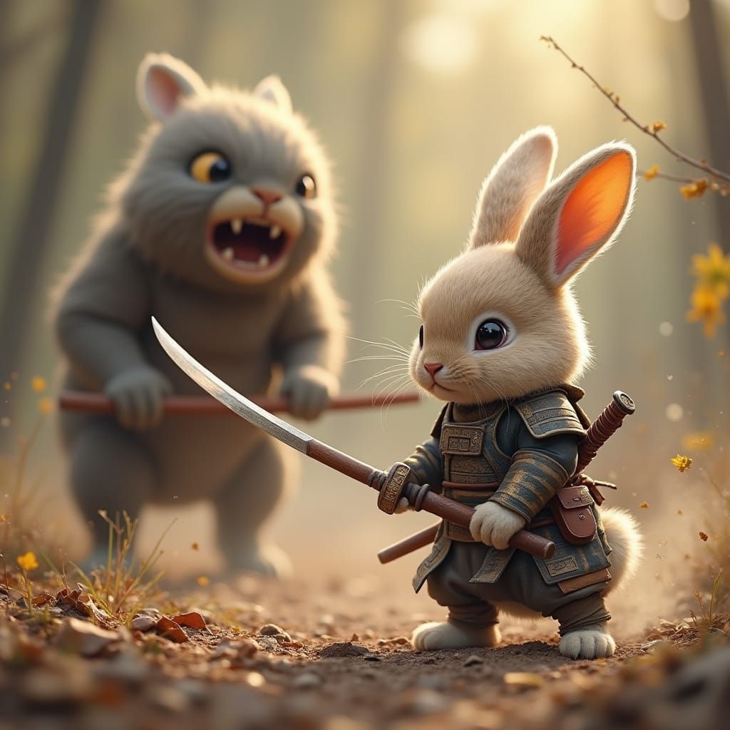 Baby Bunny Samurai Fights Giant Monster with Wooden Sword