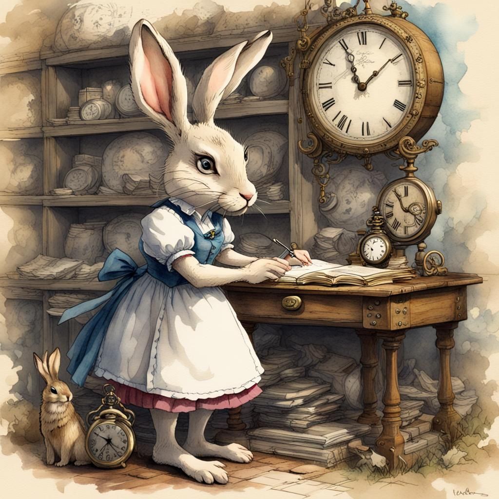 Anxious White Rabbit Diorama in Vintage Watercolor Style