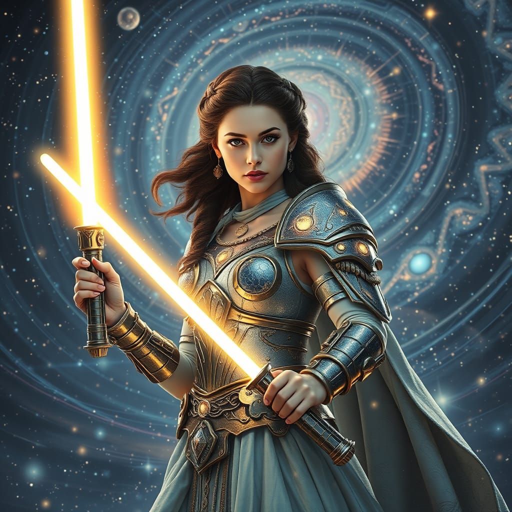 Cosmic Goddess with Lightsaber in Ethereal Style