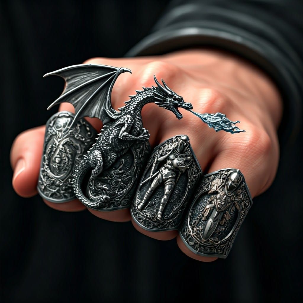 Knight Charging Dragon Ring in Intricate Silver and Gold