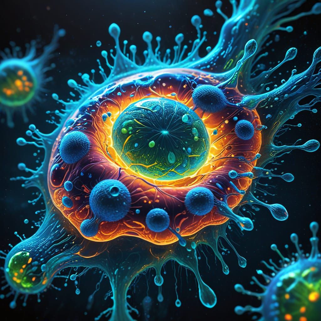 Vibrant Bioluminescent Cell Floating in Liquid