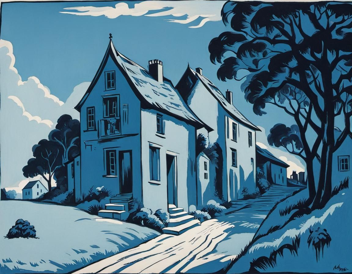 Blue Village at Dawn as Woodcut Art