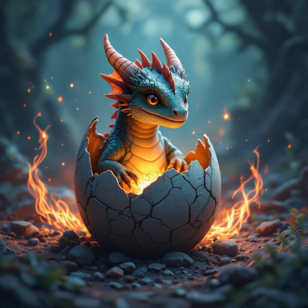Baby Dragon Hatches from Scaled Egg in Mystical Aura