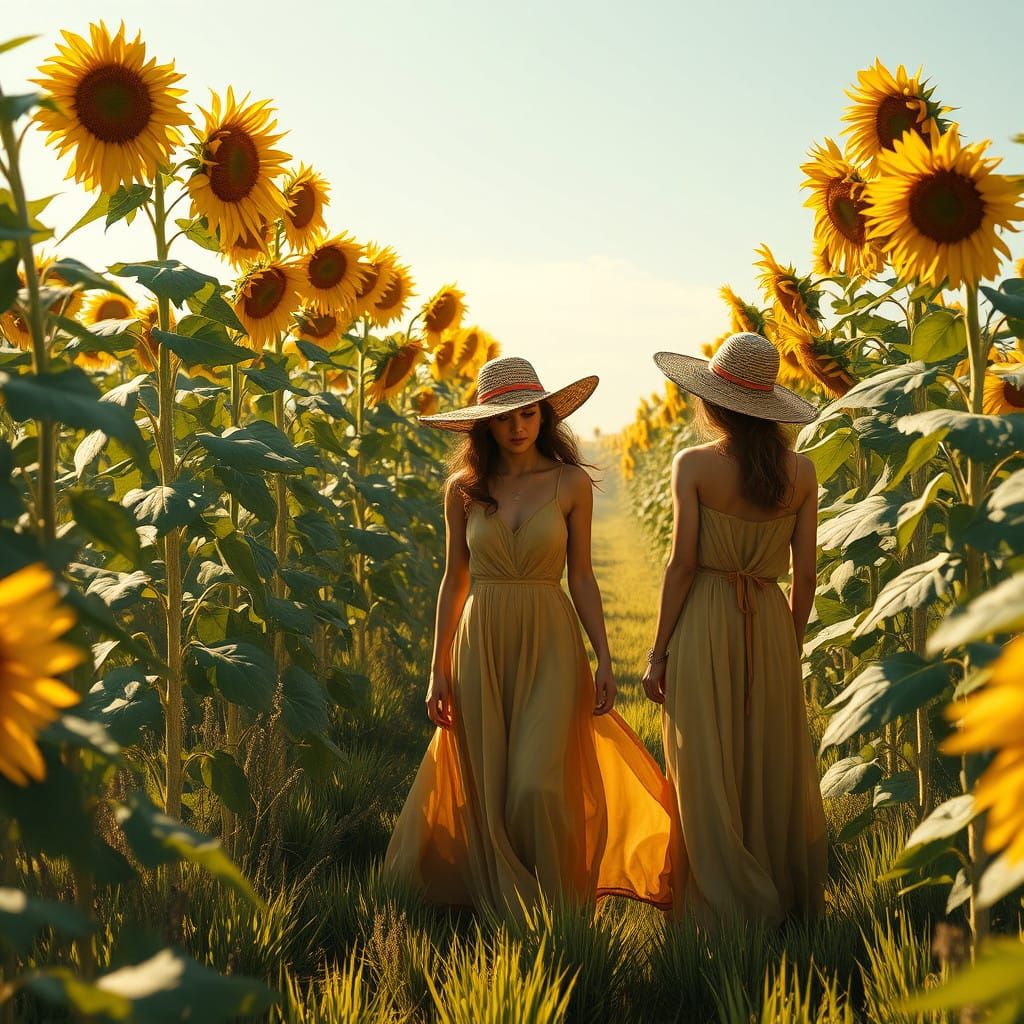 Women in Sunflower Field: Whimsical Fantasy Scene in Detaile...