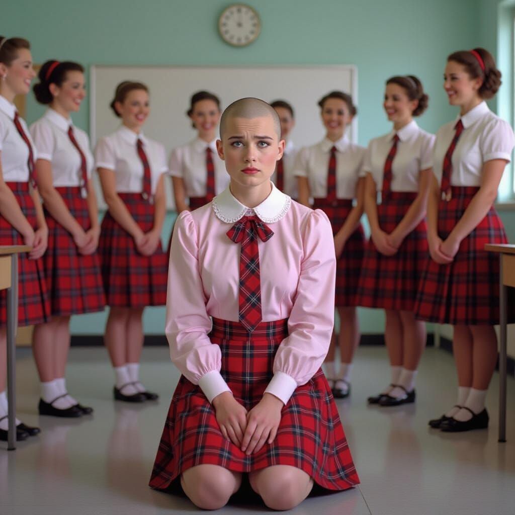 Sad Man in Pink Schoolgirl Uniform, Vintage Style