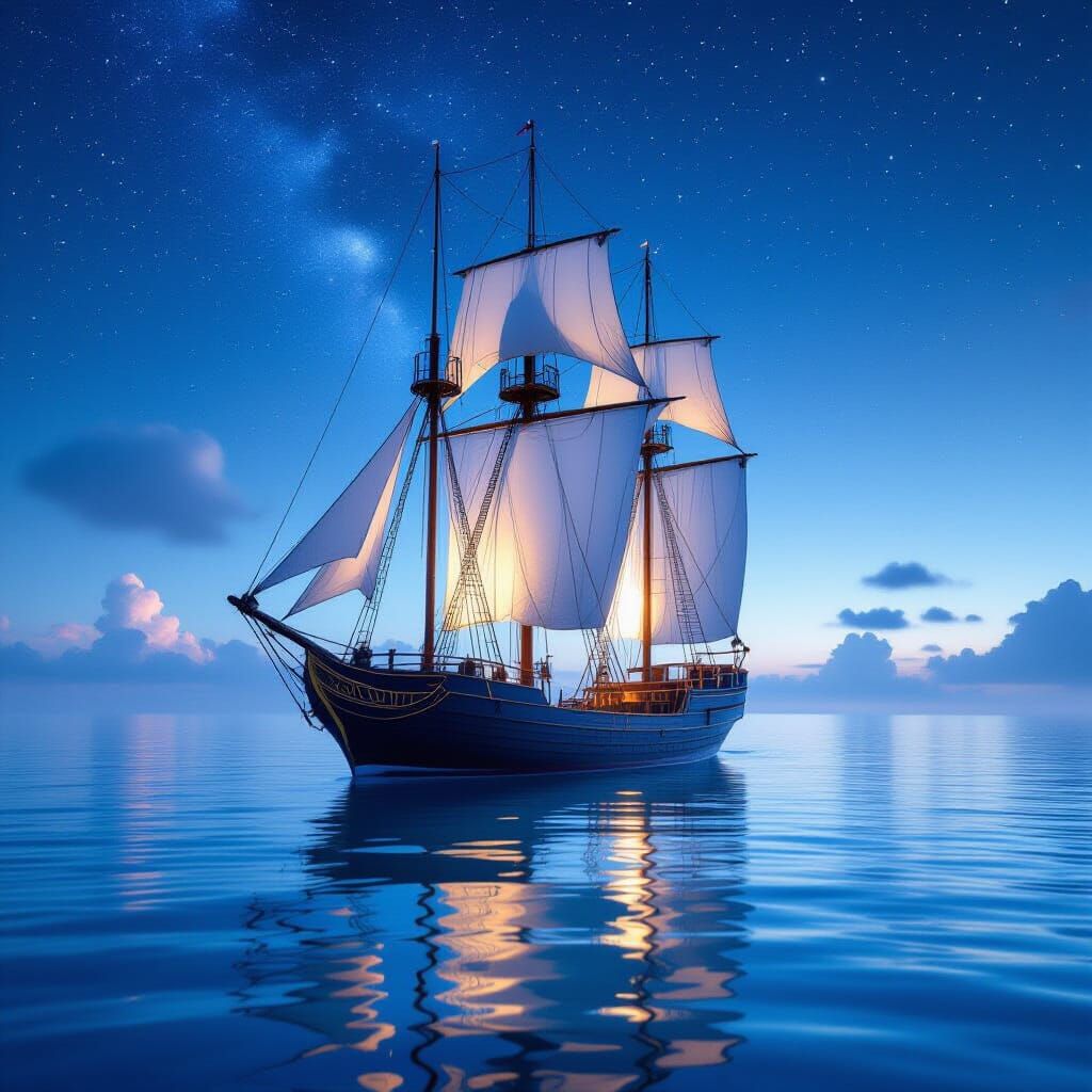 Majestic Ship on Calm Waters Under Starry Twilight Sky