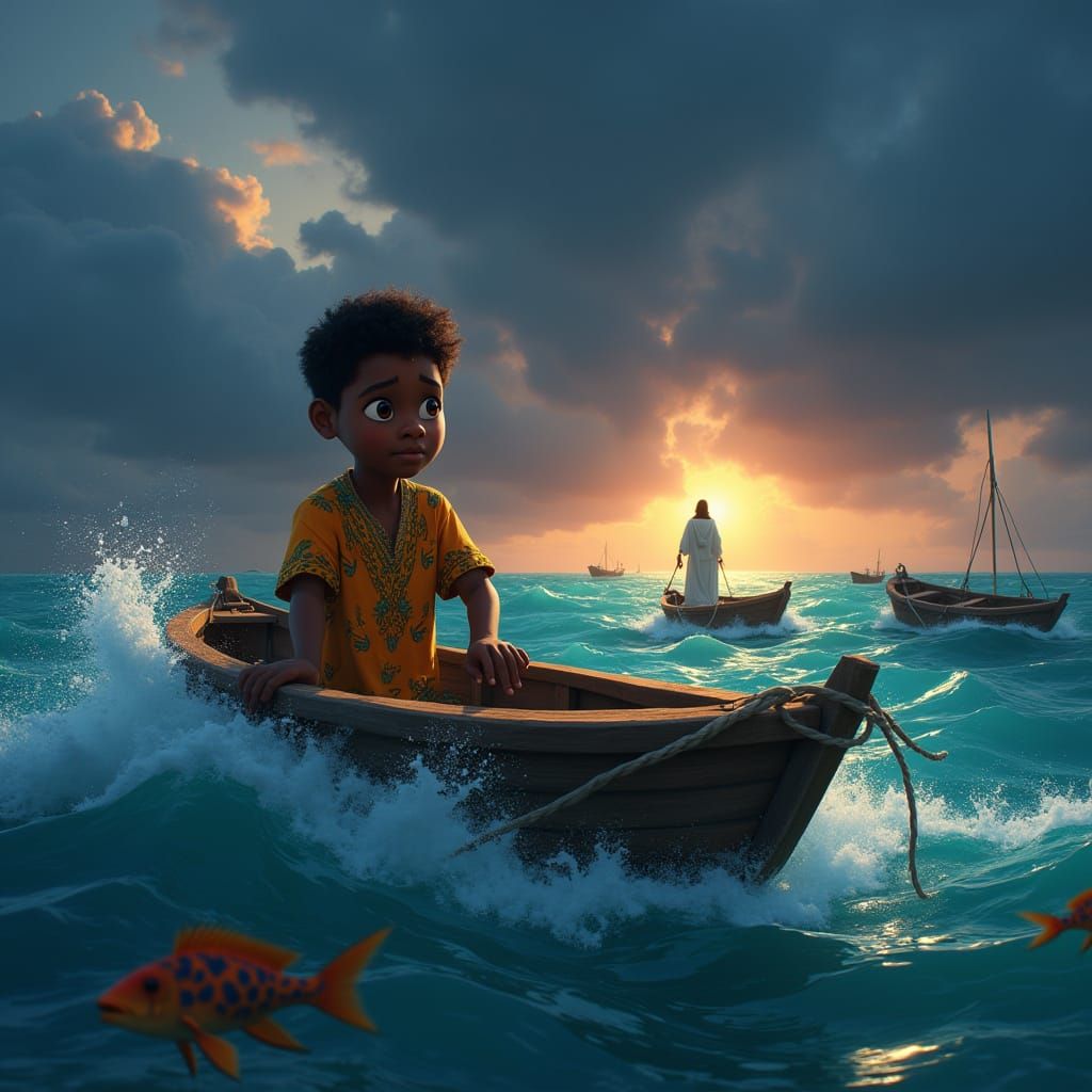 Nigerian Boy's Stormy Boat Ride: Pixar-Style Animation