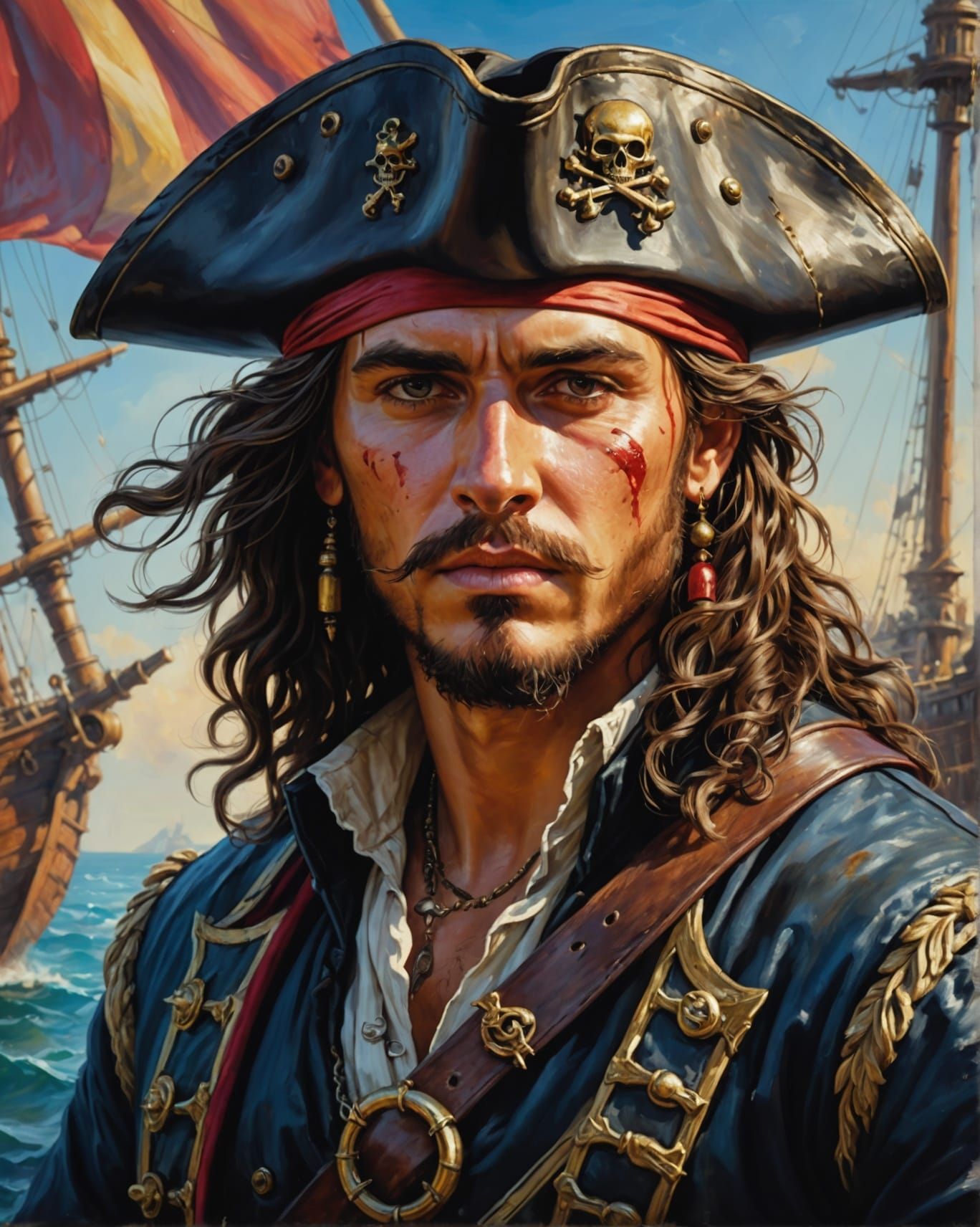 Handsome Pirate Captain in Realistic Oil Painting