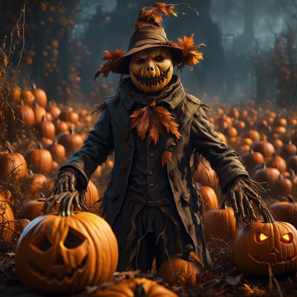 Horrific Pumpkin Scarecrow in Detailed Matte Painting