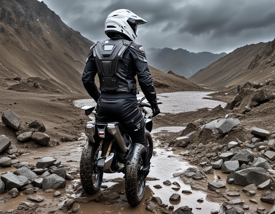 Hyperrealistic Man with Titanium Implant Beside Motorcycle