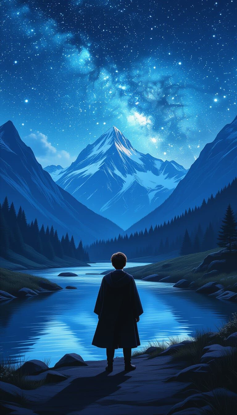 Harry Potter Gazing at Stars in Surreal Landscape