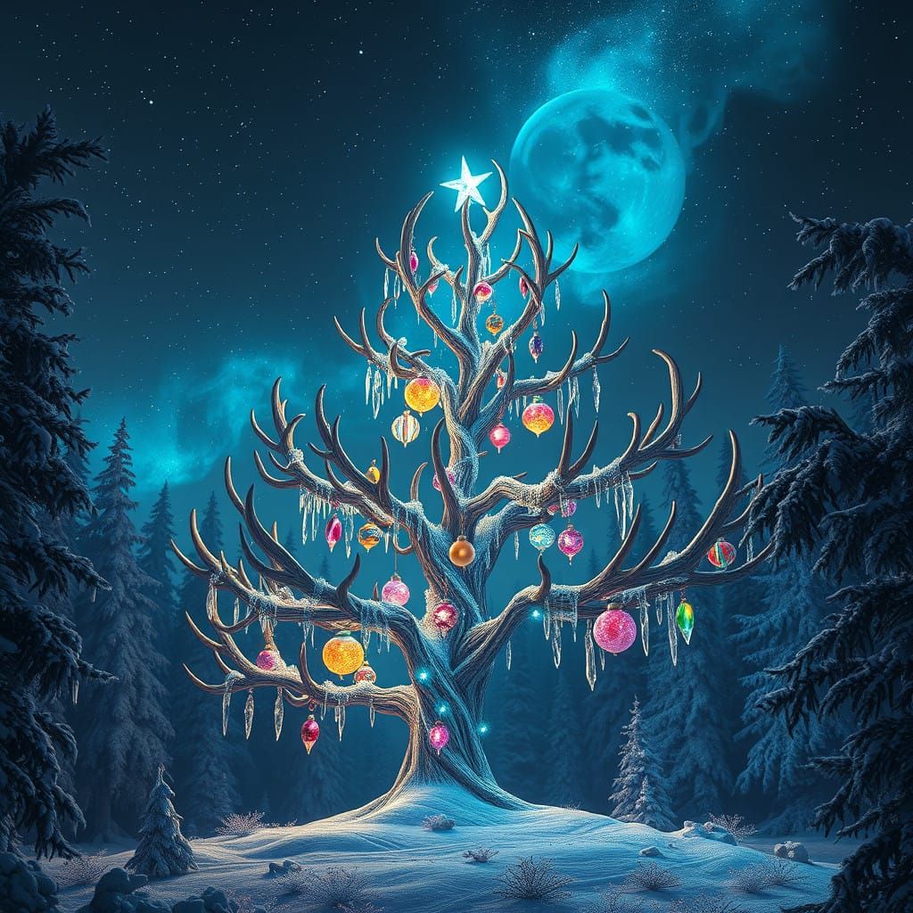 Whimsical Glowing Christmas Tree in a Dreamlike Forest