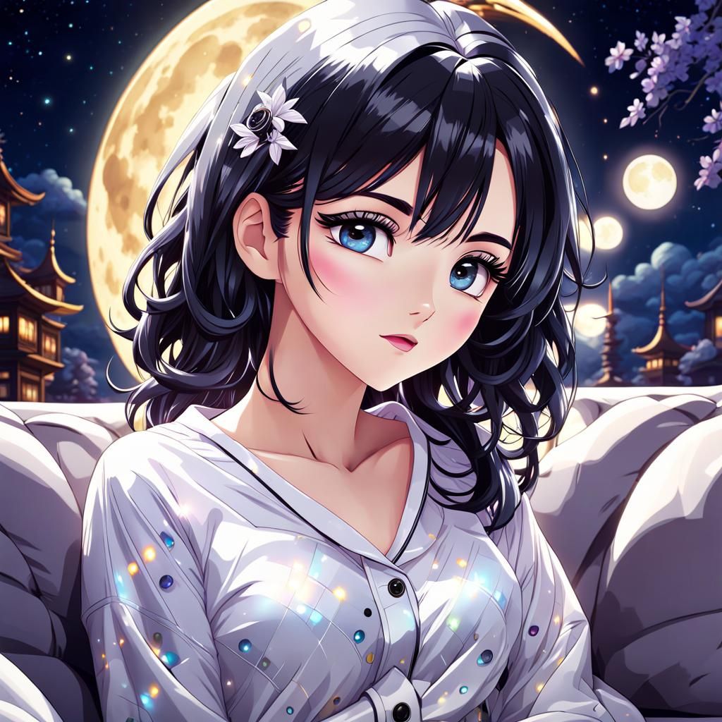 Anime Woman in Pajamas with Cosmic Background