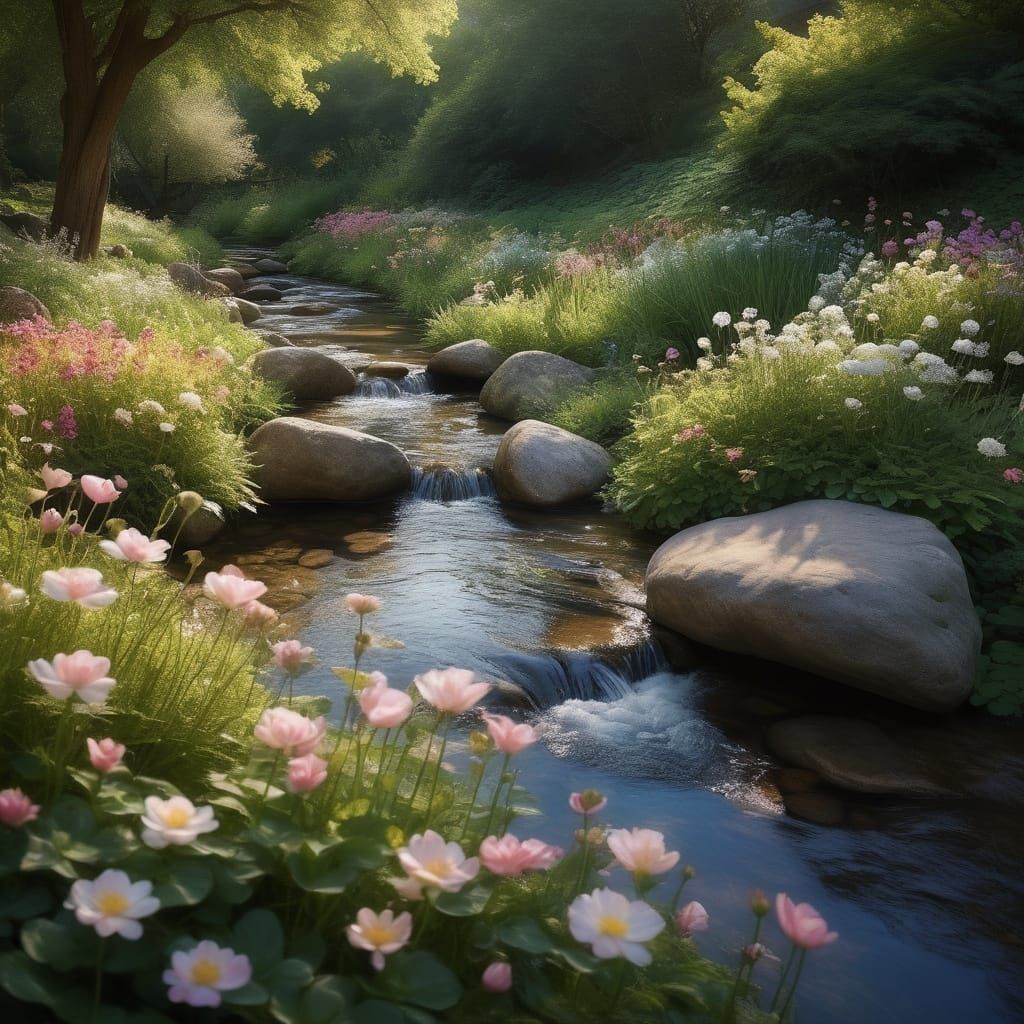 Vibrant Impressionist Summer Garden Scene with Bubbling Broo...