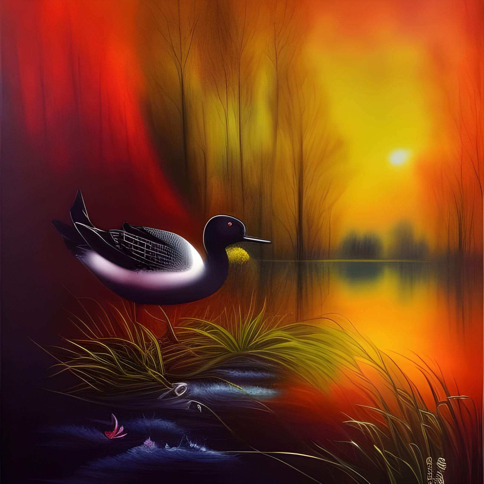 Black Duck in Autumn Pond, Watercolor Painting