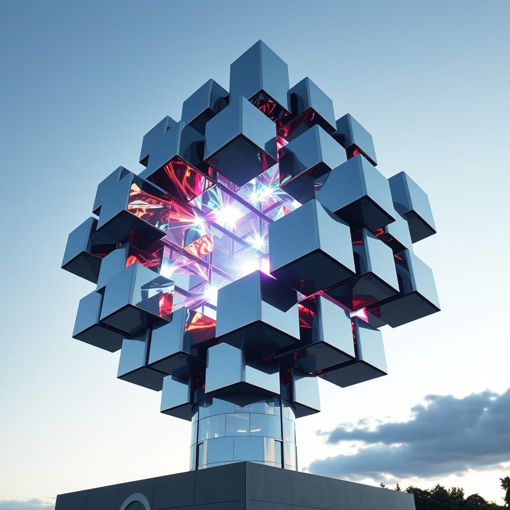 Monumental Metallic Cube Statue Suspended in Air